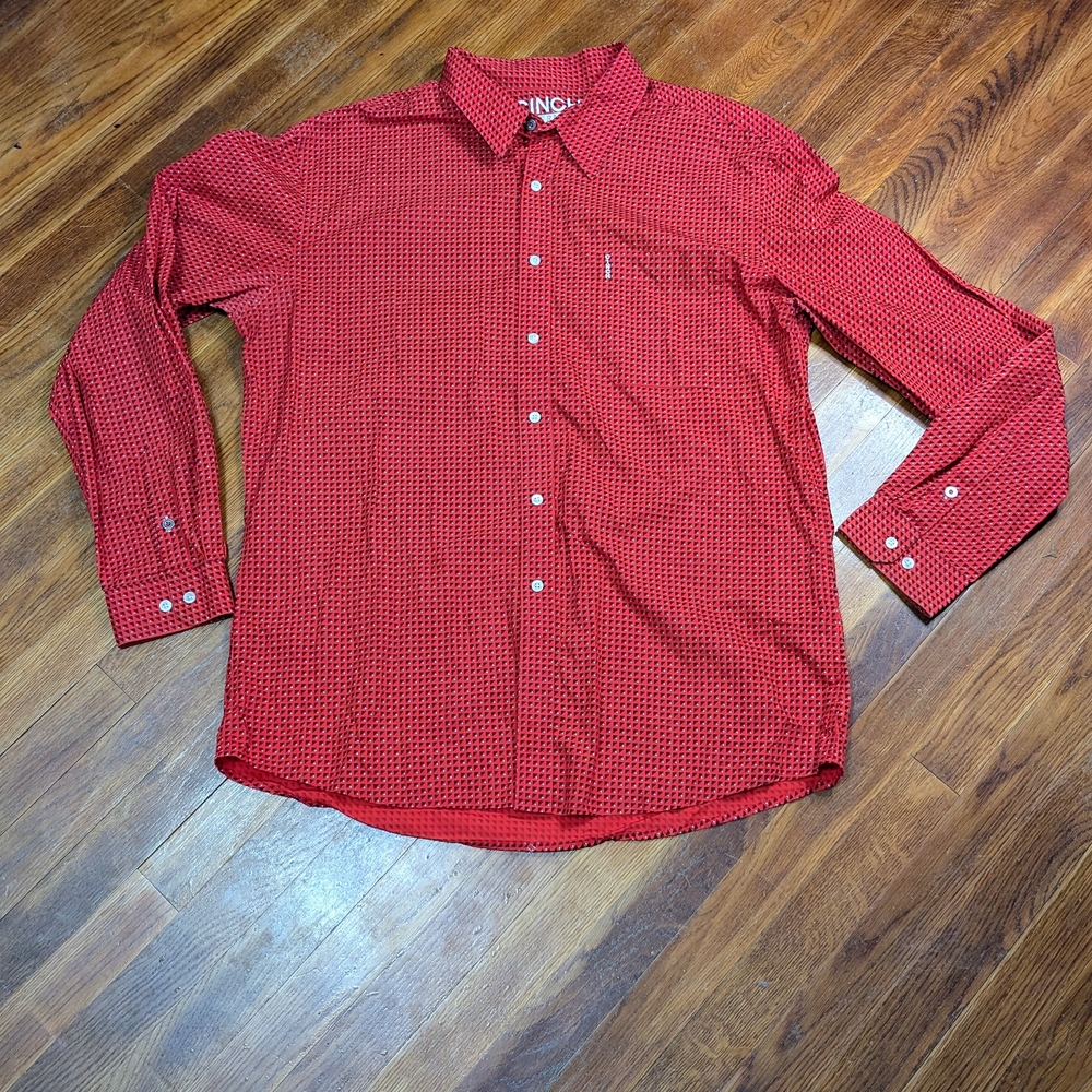 Cinch Button Down Shirt Mens 2XL Red White Geometric Long Sleeve Casual Logo